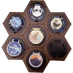 Set of 7 Hexagon Wooden Medal Display Rack with Strong Magnets for Awards